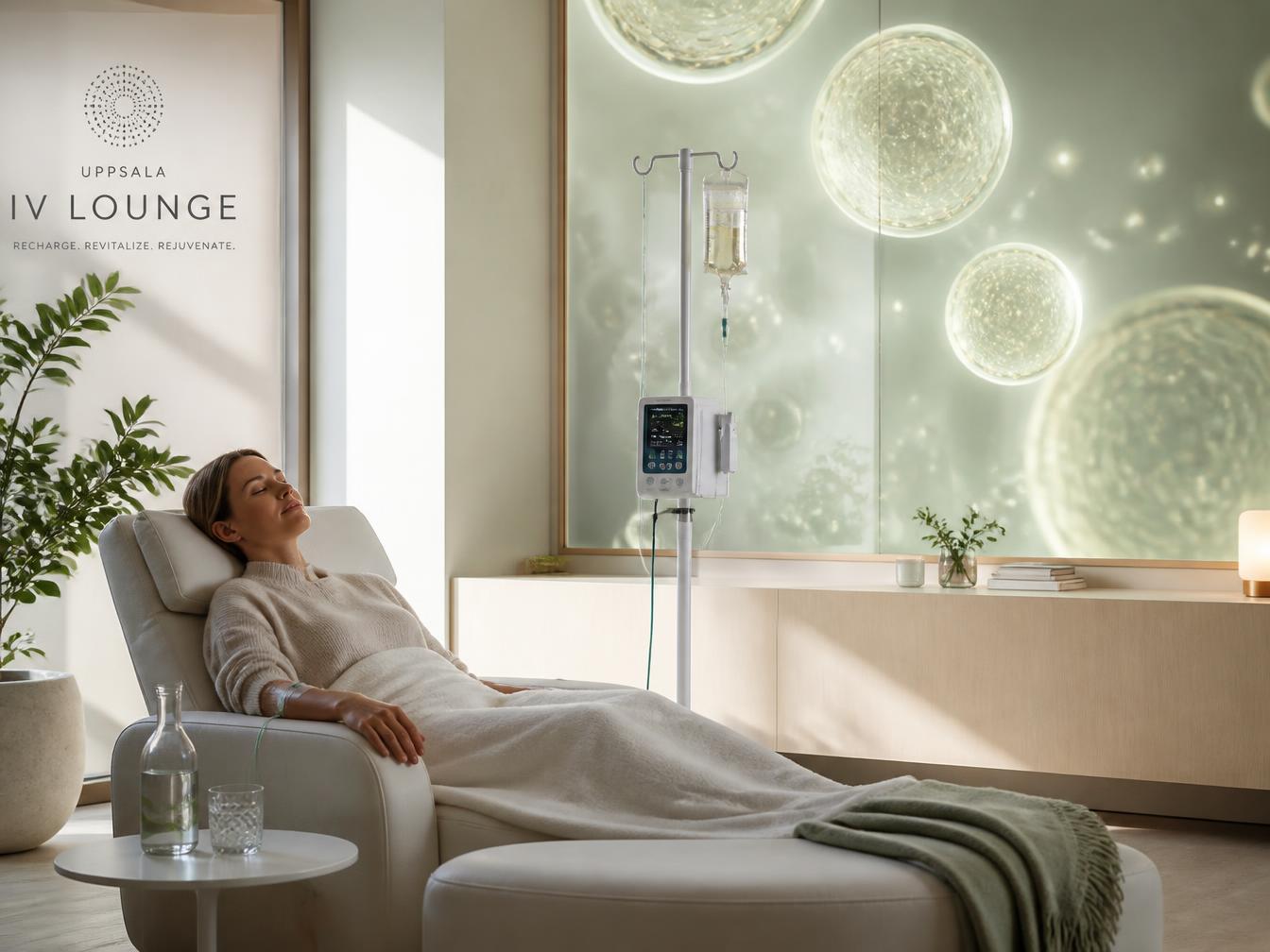 Exosombehandling i IV Lounge Uppsala – avslappnad lounge med IV-infusion och visuell exosomkonst